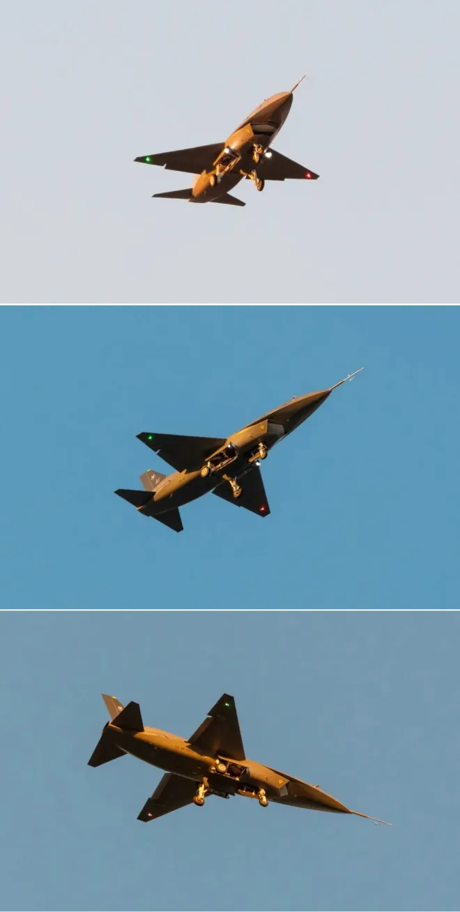 미국 방산 기업 안두릴이 개발한 협동 전투 무인기 YFQ-44A ‘퓨리’가 첫 시험 비행 중 하강하며 기수를 들고 비행하고 있다. 주익 끝단에는 항법등이 점등돼 있으며, 기수에는 비행시험용 데이터 프로브가 장착돼 있다. 2025년 10월 31일 캘리포니아 빅토르빌 상공. 출처=워존