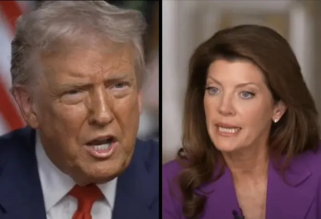 도널드 트럼프 미국 대통령이 CBS ‘60분’ 인터뷰에서 진행자 노라 오도넬과 대담하고 있다. CBS 방송화면 캡처