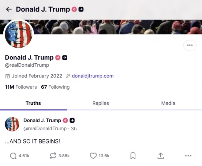 도널드 트럼프 미국 대통령이 자신의 SNS ‘트루스 소셜’ 계정에 “이제 시작이다!”는 글을 올렸다. 트루스 소셜 캡처
