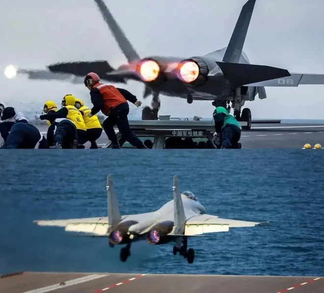 중국 최초의 캐터펄트 장착 항공모함 푸젠함에서 이륙하는 항공기 모습. 중국 인민해방군