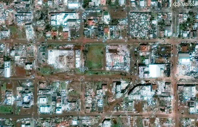 지난 9일 위성으로 촬영한 리오 본투 도 이과수 마을 모습. 로이터 연합뉴스