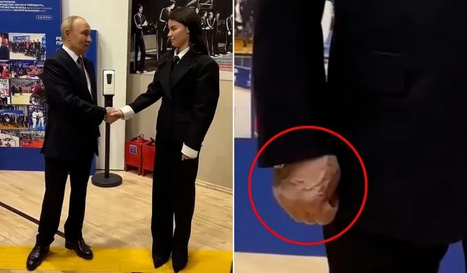 블라디미르 푸틴 러시아 대통령이 6일(현지시간) 사마라 행사장에서 청년단체 ‘건강한 조국’ 대표 예카테리나 레슈친스카야와 악수하고 있다. 오른손 정맥이 도드라진 채 움켜쥔 모습이 포착돼 건강 이상 논란이 재점화됐다. 출처=엑스