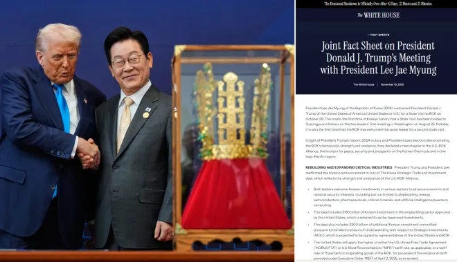 도널드 트럼프 미국 대통령과 이재명 대통령이 지난달 29일 경북 경주 국립경주박물관에서 열린 최고 예우 행사에서 악수하고 있다(왼쪽). 오른쪽은 13일(현지시간) 백악관 홈페이지에 게시된 한미 조인트 팩트시트 화면. AP 연합뉴스·백악관 홈페이지