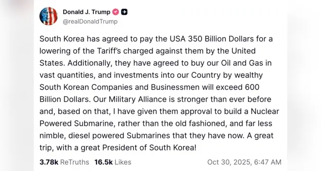 도널드 트럼프 미국 대통령이 지난달 30일(현지시간) 자신의 소셜미디어 ‘트루스소셜’에 한국의 핵추진 잠수함 건조 승인 사실을 언급한 게시물을 올리고 있다. 트럼프 대통령은 글에서 “한국에 핵추진 잠수함 건조를 허용했다”고 밝히며 한미 동맹 강화를 강조했다. 트루스소셜 캡처