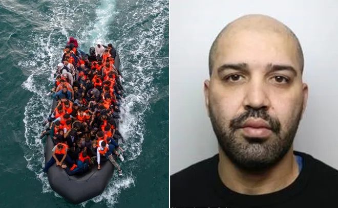 왼쪽은 지난해 영국해협을 건너는 소형보트 이민자들 모습, 오른쪽은 가해자 아민 아베디 모프라드의 경찰 제공 이미지. 로이터 연합뉴스·Thames 템스 밸리 경찰 제공