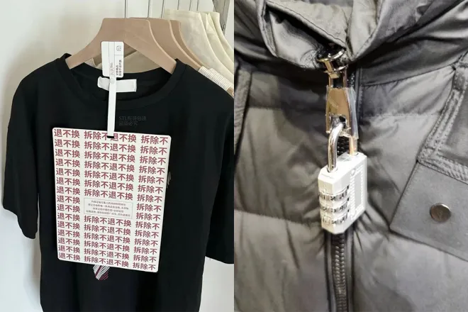 중국 전자상거래 업체들이 일부 소비자들의 ‘반품 악용’을 막기 위해 의류에 대형 라벨이나 자물쇠를 부착하는 이색적인 방지책을 내놓고 있다. 더우인 캡처