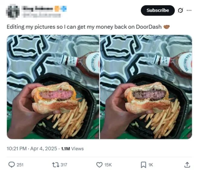 지난 4월 한 엑스(X) 사용자가 미국 최대 음식 배달 플랫폼 ‘도어 대시’(DoorDash)에서 환불받기 위해 잘 조리된 햄버거 사진을 덜 익은 것처럼 편집했다고 주장해 화제가 됐다. 엑스 캡처