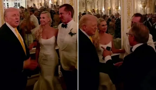 도널드 트럼프 미국 대통령이 플로리다 마러라고 리조트에서 열린 결혼식에 깜짝 등장해 신랑·신부와 대화를 나누고 있다. 현장에서는 하객들이 휴대전화를 꺼내 촬영하며 웃음과 환호가 이어졌다. 엑스(X)·인스타그램 영상 캡처