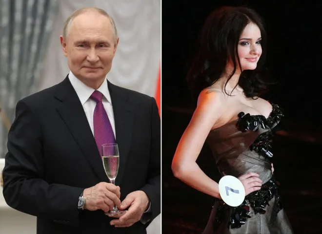 왼쪽은 블라디미르 푸틴 러시아 대통령의 과거 공개 행사 모습, 오른쪽은 2011년 ‘미스 러시아’ 대회에 참가했던 알리사 카르체바의 무대 장면. 프로엑트는 카바예바가 부재한 시기마다 카르체바가 푸틴 관저를 찾았다고 주장하며 두 사람의 접점과 이후 이어진 혜택을 정조준했다. AFP 연합뉴스·알리사 카르체바