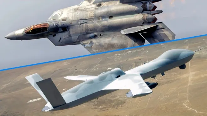 미 공군 F-22 전투기(위)와 제너럴아토믹스 MQ-20 무인기(아래)가 협동 비행 시험 중 포착된 모습. 이번 시험은 F-22가 조종석에서 드론을 직접 지휘하는 차세대 유·무인 복합전력 실험의 일환이다. 미 공군·제너럴아토믹스 제공