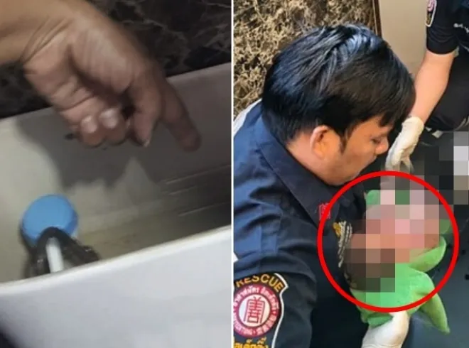 현지시간으로 지난 15일 태국 방콕의 한 건물 화장실에서 변기 수조에 버려진 신생아가 구조됐다. 왼쪽은 신생아가 발견된 변기 수조, 오른쪽은 구조대원들이 응급처치를 하는 모습. 방콕포스트 제공