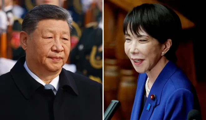 왼쪽은 시진핑 중국 국가주석이 2025년 11월 베이징 인민대회당에서 열린 환영식에 참석한 모습이고, 오른쪽은 다카이치 사나에 일본 총리가 같은 해 10월 도쿄 국회에서 첫 시정연설을 하는 장면. AP·로이터 연합뉴스