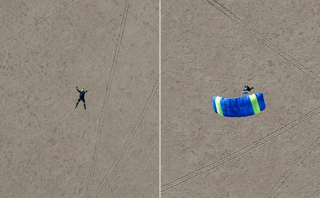 스카이다이버 가브리엘 브라운이 태양 앞 실루엣 촬영에 나섰던 실제 점프 장면. 약 1,070m 상공에서 자유낙하를 한 뒤 낙하산을 펼치는 과정이 드론 영상으로 포착됐다. 앤드루 매카시 인스타그램
