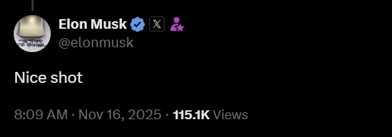 일론 머스크가 자신의 엑스(X)에 “멋진 사진(Nice shot)”이라는 글을 올리며 작품을 칭찬한 게시물. 일론 머스크 엑스