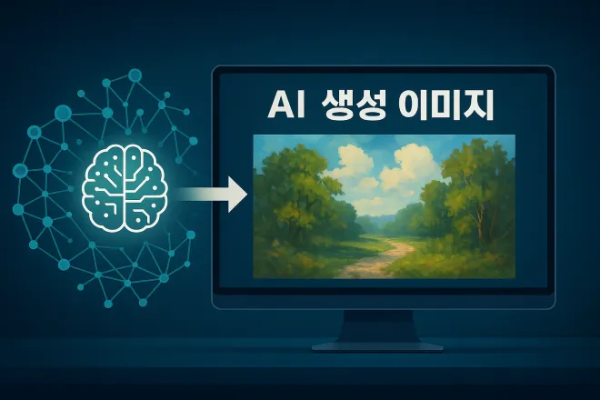 생성형 인공지능(AI)이 이미지를 만들어내는 과정을 개념적으로 표현한 일러스트. ‘AI 생성 이미지’라는 문구와 함께 신경망 구조와 모니터 화면을 배치해 기술적 절차를 시각화했다.