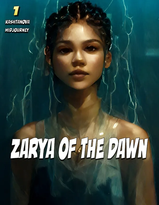 미국 저작권청이 2023년 저작권 등록을 거부한 AI 기반 만화 ‘자리아 오브 더 돈(Zarya of the Dawn)’의 표지 이미지. 크리스 카슈타노바가 미드저니(Midjourney)로 제작한 작품으로, AI 생성물이 저작물인지 여부를 둘러싼 국제적 논쟁의 대표 사례로 꼽힌다. Kris Kashtanova using Midjourney AI, Public domain, via Wikimedia Commons