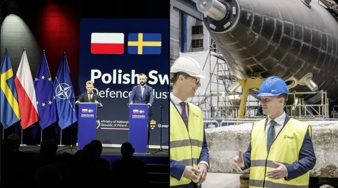 폴란드-스웨덴 방산 협력 포럼에서 양국 국방장관이 공동 기자회견을 하고(왼쪽) 스웨덴 코쿰스 조선소에서 사브의 A26 ‘블레킹급’ 잠수함 건조 현장을 둘러보고 있다. 폴란드는 이번 사업을 통해 스웨덴과의 해양 안보 협력을 강화할 방침이다. 폴란드 국방부·사브