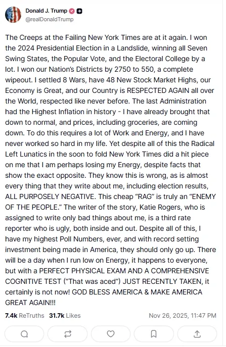 도널드 트럼프 미국 대통령이 2025년 11월 26일(현지시간) 자신의 소셜미디어 플랫폼 ‘트루스 소셜’에 올린 게시글. 트럼프 대통령은 뉴욕타임스를 “가짜뉴스이자 국민의 적”이라고 비난하며, 자사 기자 케이티 로저스를 “속도 겉도 추한 사람”이라고 언급했다. 트루스소셜