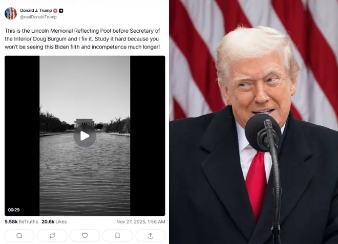 도널드 트럼프 미국 대통령(오른쪽)이 25일(현지시간) 워싱턴DC 백악관 로즈가든에서 열린 추수감사절 칠면조 사면식에서 발언하고 있다. 왼쪽은 트럼프 대통령이 소셜미디어 트루스소셜에 올린 게시물로, 링컨기념관 앞 반사연못의 영상을 공유하며 “더그 버검 내무장관과 내가 고치기 전의 모습이다. 곧 이 바이든식 오물과 무능함은 사라질 것”이라고 적었다. 2025.11.26 트루스 소셜·로이터 연합뉴스