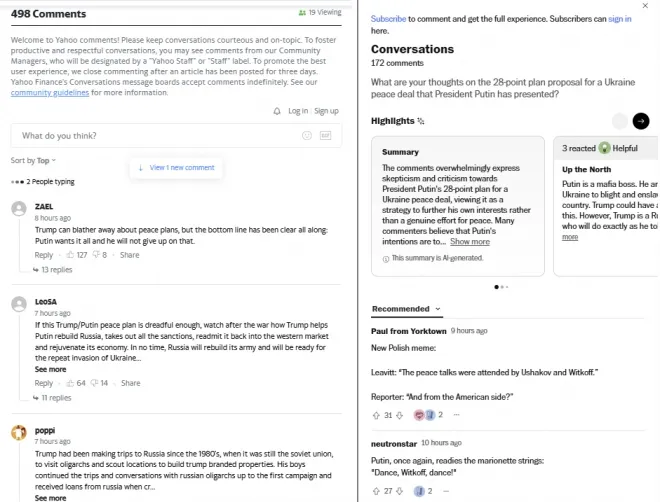 왼쪽은 야후뉴스에 실린 CNN 기사 댓글, 오른쪽은 워싱턴포스트 자체 사이트의 독자 반응을 보여주는 화면. 두 매체 댓글 모두 푸틴의 우크라이나 평화안에 비판적이며, “항복을 강요하는 가짜 평화”라는 의견이 다수를 차지했다.