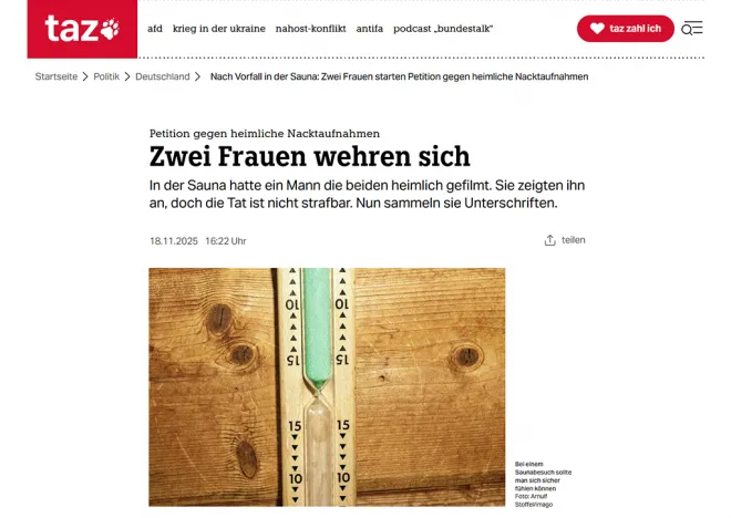 누드 시설 내 몰래 촬영에 관한 법 개정을 촉구하는 청원이 진행 중이라고 독일 일간지 타게스차이퉁(taz)가 18일(현지시간) 보도했다.