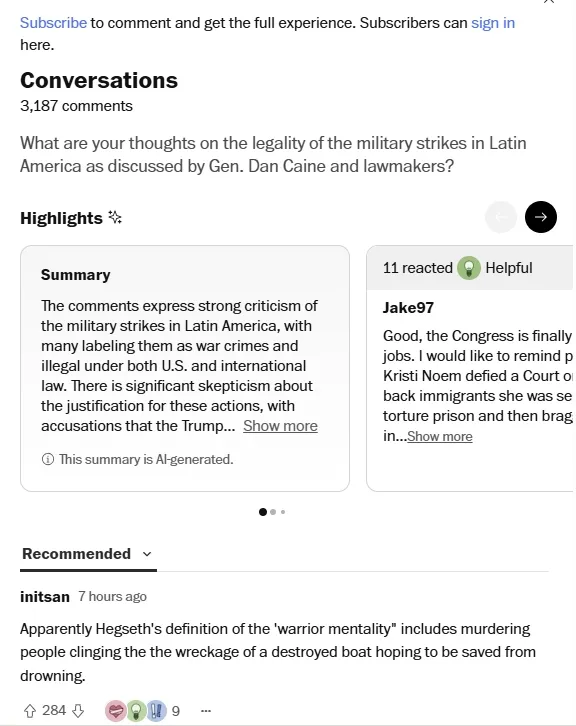 워싱턴포스트(WP) 온라인판 기사 댓글란에 달린 반응 화면. 3000여 개에 달한 댓글 대부분이 중남미 지역에서 이뤄진 미군의 공습을 ‘전쟁범죄’로 규정하며 피트 헤그세스 장관과 트럼프 행정부를 강하게 비판하고 있다. WP 캡처