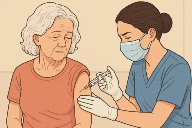 의료진이 고령 여성에게 대상포진 백신을 접종하고 있다. 스탠퍼드대 연구진은 이 백신이 치매 진행 속도를 늦추고 사망 위험을 낮출 수 있다는 연구 결과를 셀(Cell)에 발표했다. 삽화