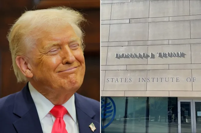 도널드 트럼프 미국 대통령(왼쪽)이 2일(현지시간) 워싱턴 백악관 루즈벨트룸에서 ‘트럼프 계좌’ 관련 발표 중 미소 짓고 있다. 오른쪽은 워싱턴DC 미국평화연구소(USIP) 건물 외벽에 새겨진 ‘도널드 J. 트럼프’ 이름 글자다. 미 국무부는 이날 “우리 역사상 가장 위대한 협상 중재자를 기리기 위해 명칭을 변경했다”며 “도널드 J. 트럼프 평화연구소에 오신 것을 환영한다”고 밝혔다. 로이터 연합뉴스·미 국무부 엑스
