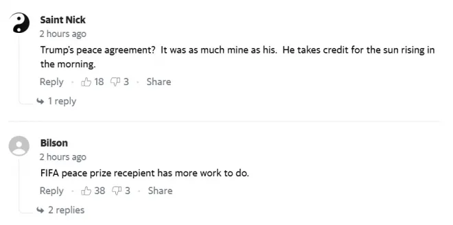 CNN 보도에 달린 온라인 댓글 일부. 이용자들은 “트럼프의 평화협정이 내 것만큼이나 허황되다”, “FIFA 평화상 수상자는 아직 할 일이 많다”며 트럼프 대통령의 중재 성과를 조롱했다. CNN·야후뉴스 갈무리