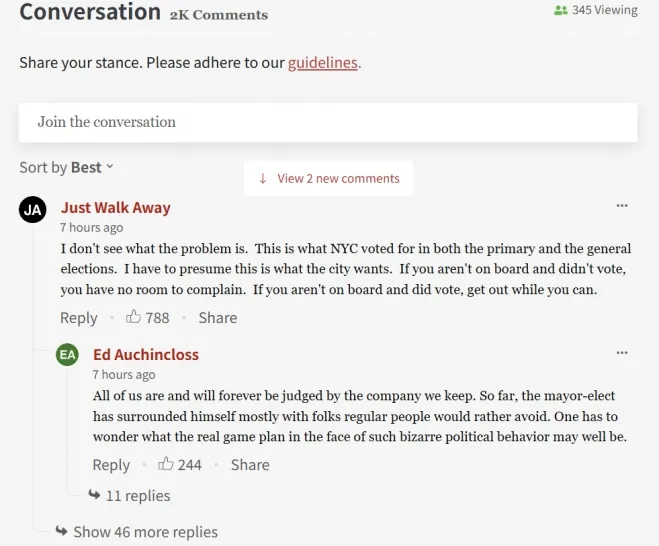 미국 뉴욕포스트 온라인판 기사에 달린 댓글 화면. “이게 바로 뉴욕이 선택한 결과” 등 수천 건의 반응이 이어지며 맘다니 당선인의 인선 논란에 대한 찬반이 엇갈리고 있다. 뉴욕포스트 캡처