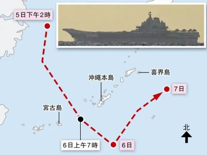 중국 랴오닝함 항모 전단이 지난 7일 미야코 해협 동쪽에서 훈련을 진행하며 류큐 열도 동쪽을 따라 북상한 경로. 일본 방위성, 홍콩 명보 제공