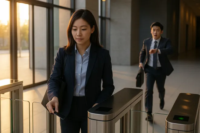 아침 햇살이 비치는 사무실 출입 게이트 앞에서 한 직장인이 사원증을 태그하고 있다. 뒤편에서는 다른 직원이 시계를 보며 급히 뛰어오고 있다. ‘조기 출근’과 ‘근태 관리’의 현실적 대비를 보여주는 장면. AI 생성 이미지