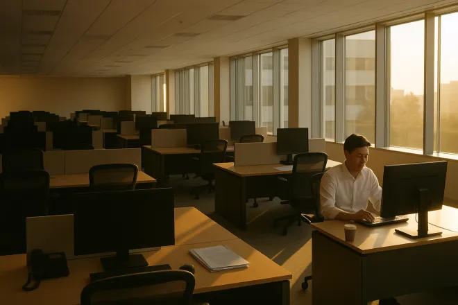 아침 햇살이 비치는 한국 사무실 내부. 한 직장인이 일찍 출근해 컴퓨터 앞에서 업무를 준비하고 있다. 고요한 분위기 속에 조용한 아침 출근 풍경이 펼쳐진다. AI 생성 이미지