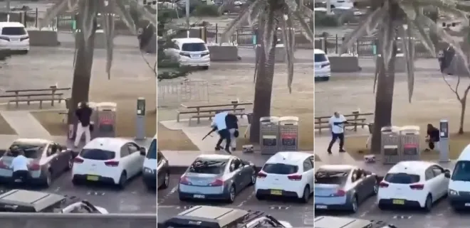 지난 14일 총격범 중 한 명을 제압 중인 시민 아흐메드 알 아흐메드(흰옷) 모습. 영상 캡처