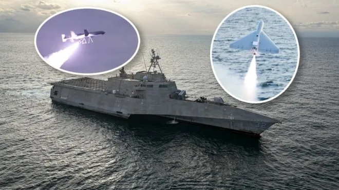 지난 16일 미 해군의 USS 산타바바라에서 장거리 편도 공격 드론인 ‘루카스’(LUCAS)를 시험 발사했다. 미 국방부 제공