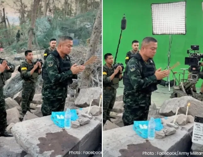 왼쪽은 태국군 고위급 관계자(중앙)가 캄보디아 350고지 탈환 현장을 직접 방문했다며 공개한 사진, 오른쪽은 태국군의 주장이 거짓이라며 AI 조작설을 제기한 캄보디아 측의 사진