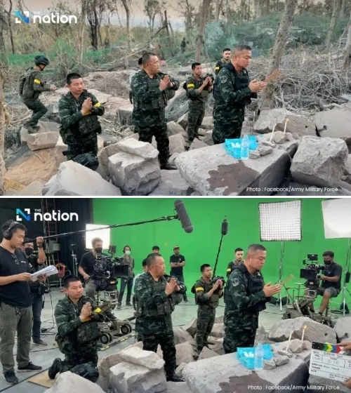 위는 태국군 고위급 관계자(중앙)가 캄보디아 350고지 탈환 현장을 직접 방문했다며 공개한 사진, 아래는 태국군의 주장이 거짓이라며 AI 조작설을 제기한 캄보디아 측의 사진