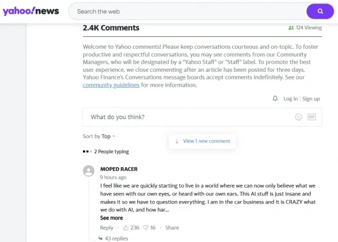 야후뉴스 기사 댓글 화면. 게시 10시간 만에 댓글 수가 2400개를 넘기며 사진의 진위와 AI 조작 가능성, 정보 신뢰 문제를 둘러싼 논쟁이 확산되고 있다. 야후뉴스 화면 캡처