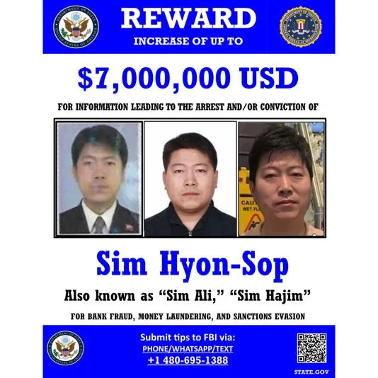 미 연방수사국(FBI)이 북한 불법 자금 세탁 혐의로 현상금 700만 달러를 내걸고 공개한 심현섭 수배 포스터. FBI 제공