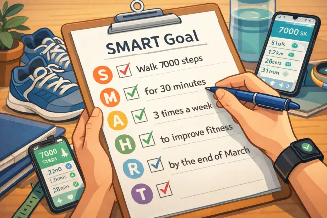 구체적((Specific)·측정 가능(Measurable)·달성 가능(Achievable)·의미 있는(Relevant)·기한 설정(Time-bound)을 포함한 ‘스마트’(SMART) 원칙으로 건강 목표를 정리하는 과정을 표현한 일러스트.