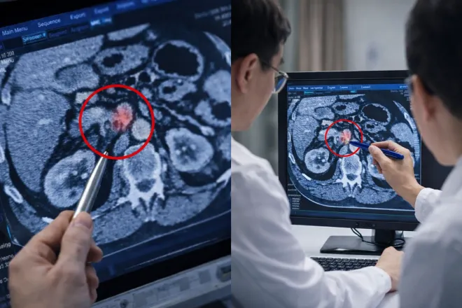 의료진이 CT 영상에서 췌장 부위 병변을 확인하고 있다. 췌장암은 초기 증상이 거의 없어 영상 판독을 통한 조기 발견 여부가 생존을 가르는 핵심 요인으로 꼽힌다.