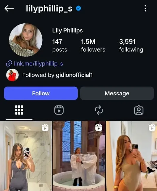 영국 성인 콘텐츠 제작자 릴리 필립스의 인스타그램