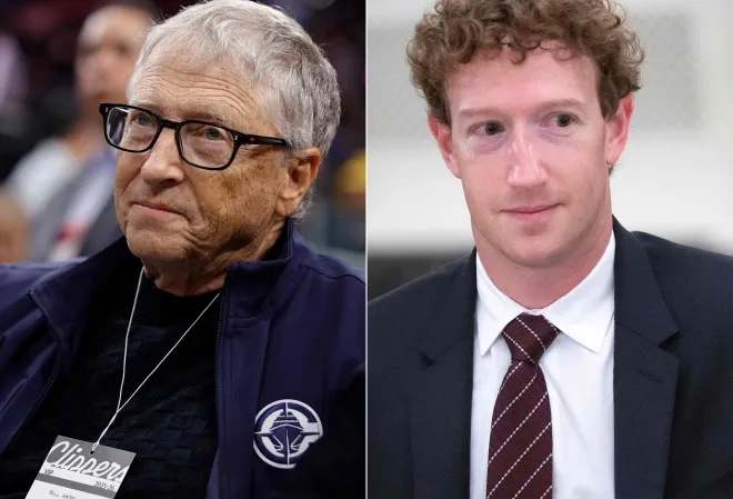 왼쪽부터 빌 게이츠 마이크로소프트 창업자, 마크 저커버그 메타 CEO. 빌 게이츠는 2025년 12월 20일(현지시간) 미국 캘리포니아주 잉글우드 인튜이트 돔에서 열린 LA 클리퍼스와 LA 레이커스의 농구 경기를 관람하고 있으며, 마크 저커버그는 2025년 9월 4일 미국 워싱턴 백악관 국빈 만찬장에서 도널드 트럼프 미국 대통령이 주최한 기술 업계 리더 만찬에 참석하고 있다. AFP 연합뉴스