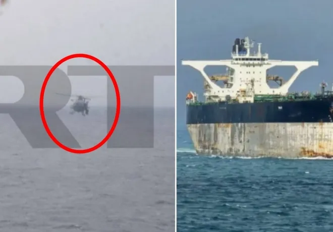 미국은 7일(현지시간) 아이슬란드와 영국 사이의 북대서양에서 도주하던 러시아 국적의 유조선 ‘벨라 1호’를 나포했다. 사진은 나포 작전에 투입된 미군 소속 헬기와 나포된 선박