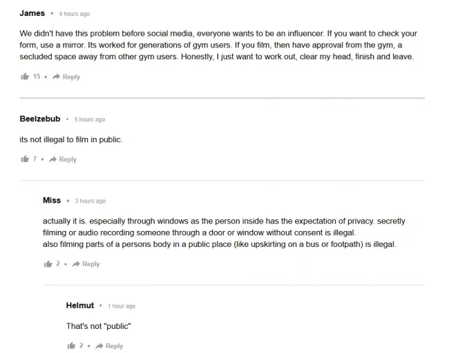 이번 사건을 둘러싼 뉴스닷컴 댓글 일부. 헬스장 내 촬영의 허용 범위와 공공장소에서의 사생활 보호를 두고 상반된 의견이 이어지고 있다. 뉴스닷컴 화면 캡처