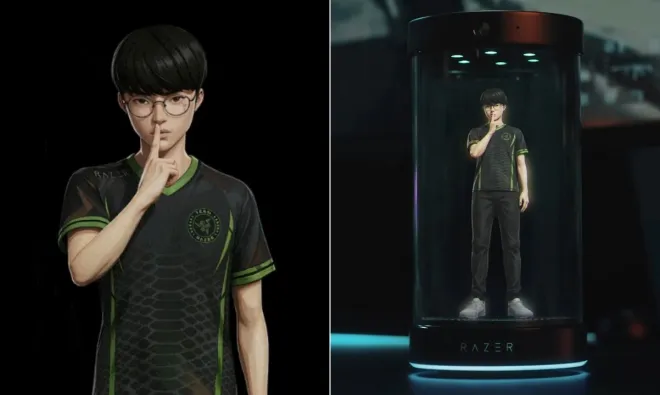 미국 라스베이거스에서 열린 CES 2026에서 공개된 레이저의 3D 홀로그램 AI 동반자 ‘프로젝트 에이바’. 안경을 쓴 남성형 아바타 ‘페이커’가 유리병 형태의 디스플레이 안에 구현돼 있다. 레이저 제공