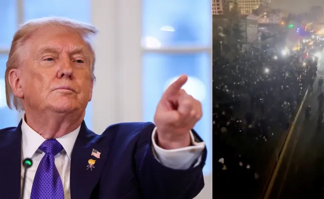 도널드 트럼프 미국 대통령(왼쪽)이 9일(현지시간) 워싱턴 백악관에서 석유 업계 관계자들과의 회의 도중 취재진 질문에 답하고 있다. 오른쪽은 같은 날 이란 테헤란에서 반정부 시위가 이어지는 모습으로, 소셜미디어에 공개된 영상을 로이터가 확보해 위치를 확인했다. 로이터 연합뉴스