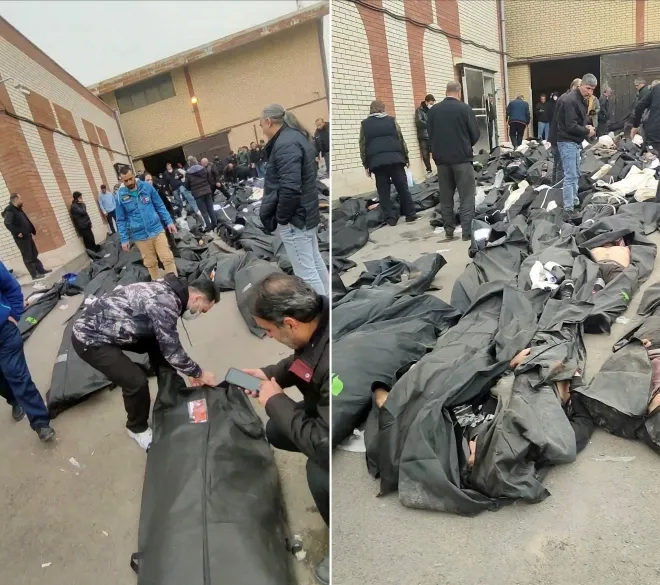 이란 테헤란의 카흐리작 법의학센터 외부에 시신이 담긴 시신 주머니들이 놓여 있다. 현장에는 시민들이 모여 상황을 지켜보고 있다. 이 영상은 11일(현지시간) 소셜미디어에 유포된 영상을 캡처한 것으로, 로이터통신이 건물 구조와 도로 배치 등을 통해 위치를 확인했다. 촬영 날짜는 독립적으로 확인되지 않았다. 로이터 연합뉴스