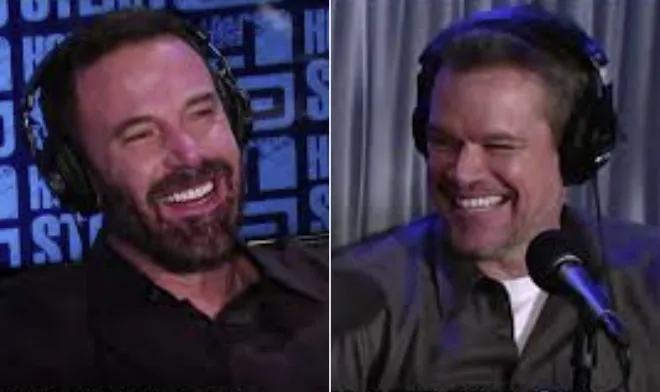 미국 위성 라디오 시리우스XM ‘하워드 스턴 쇼’에 함께 출연한 벤 애플렉(왼쪽)과 맷 데이먼이 웃으며 대화를 나누고 있다. 시리우스XM