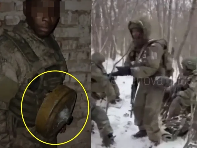 최근 소셜미디어에 공유된 아프리카 출신 러시아 용병들의 모습. 가슴에 지뢰를 달고 있는 것이 보인다. 소셜미디어 캡처